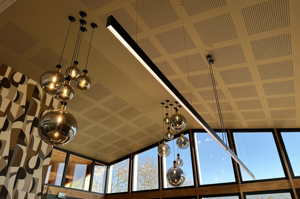 Éclairage intérieur sur mesure avec suspensions décoratives et luminaire linéaire LED dans un espace professionnel à plafond acoustique dans le 64 (Pyrénées-Atlantiques).